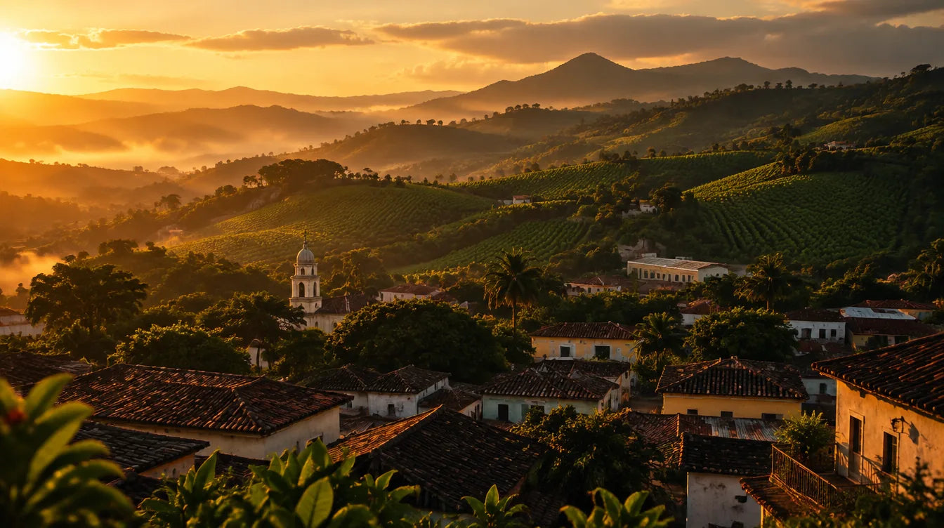 Tamboril at golden hour — tiled rooftops and tobacco hills