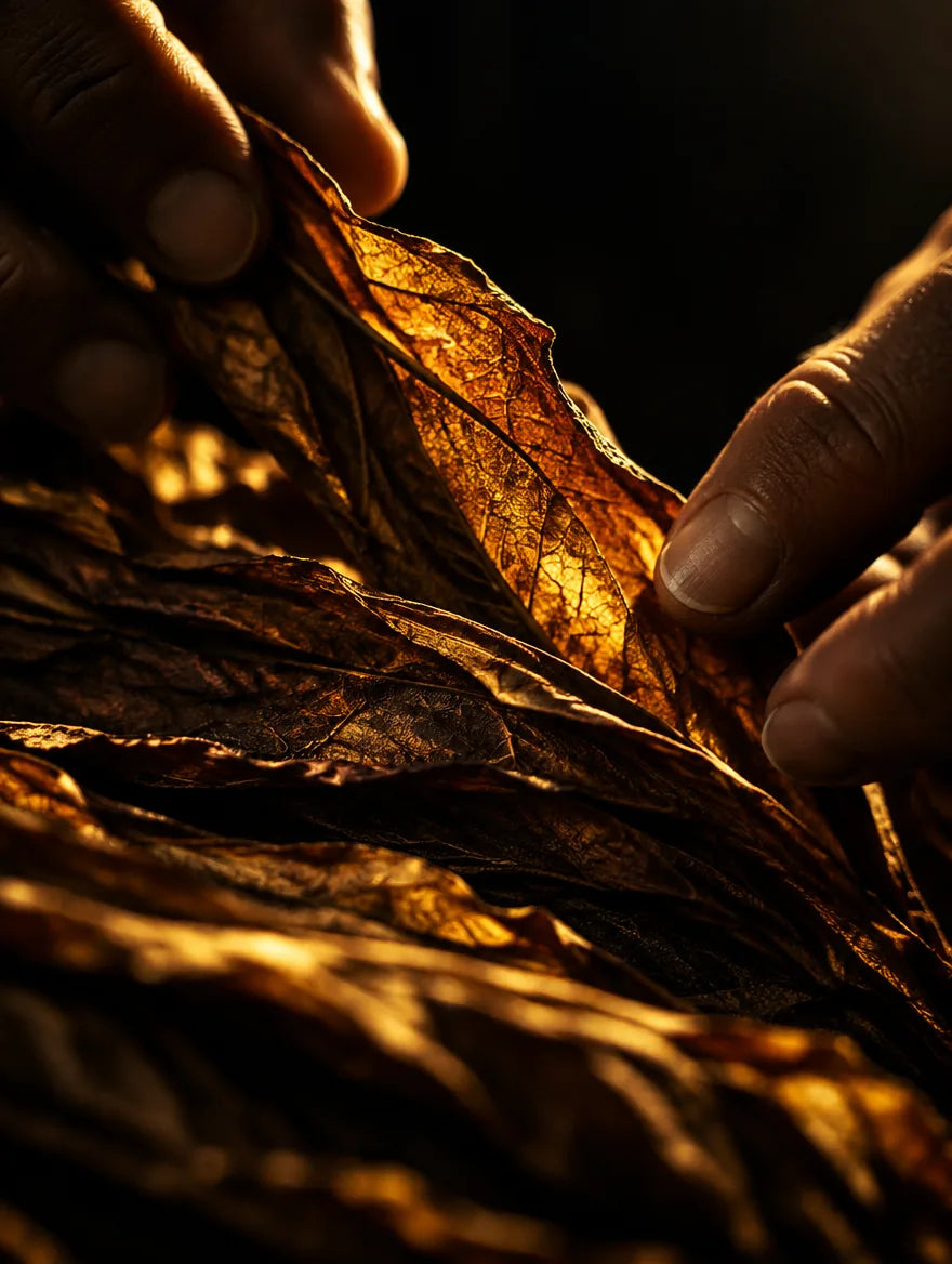 Hands turning a golden tobacco leaf at the bench