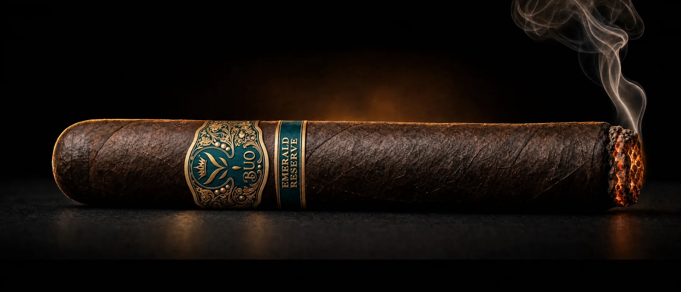 A lit BUO cigar with its green and gold band
